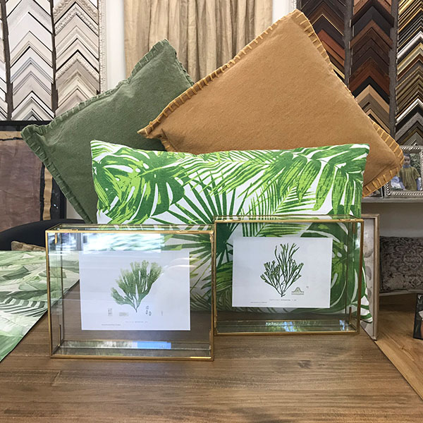 Foto de un mueble con varios marcos de fotos con detalles de plantas y hojas verdes, y dos marcos dorados con una lámina de un dibujo de una planta tipo acuarela.